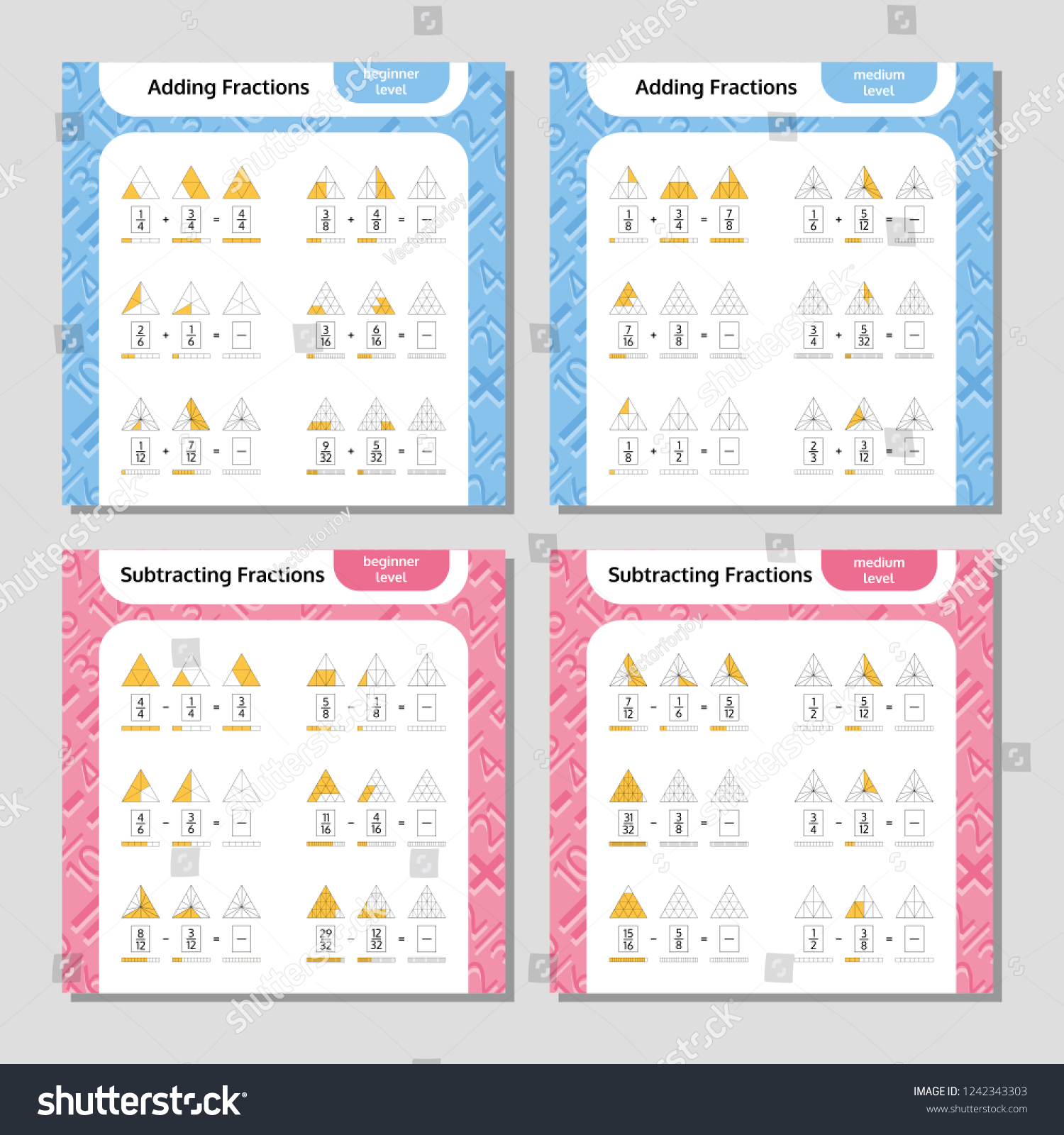 Adding Subtracting Fractions Mathematical Worksheet Set Stock Vector Royalty Free 1242343303