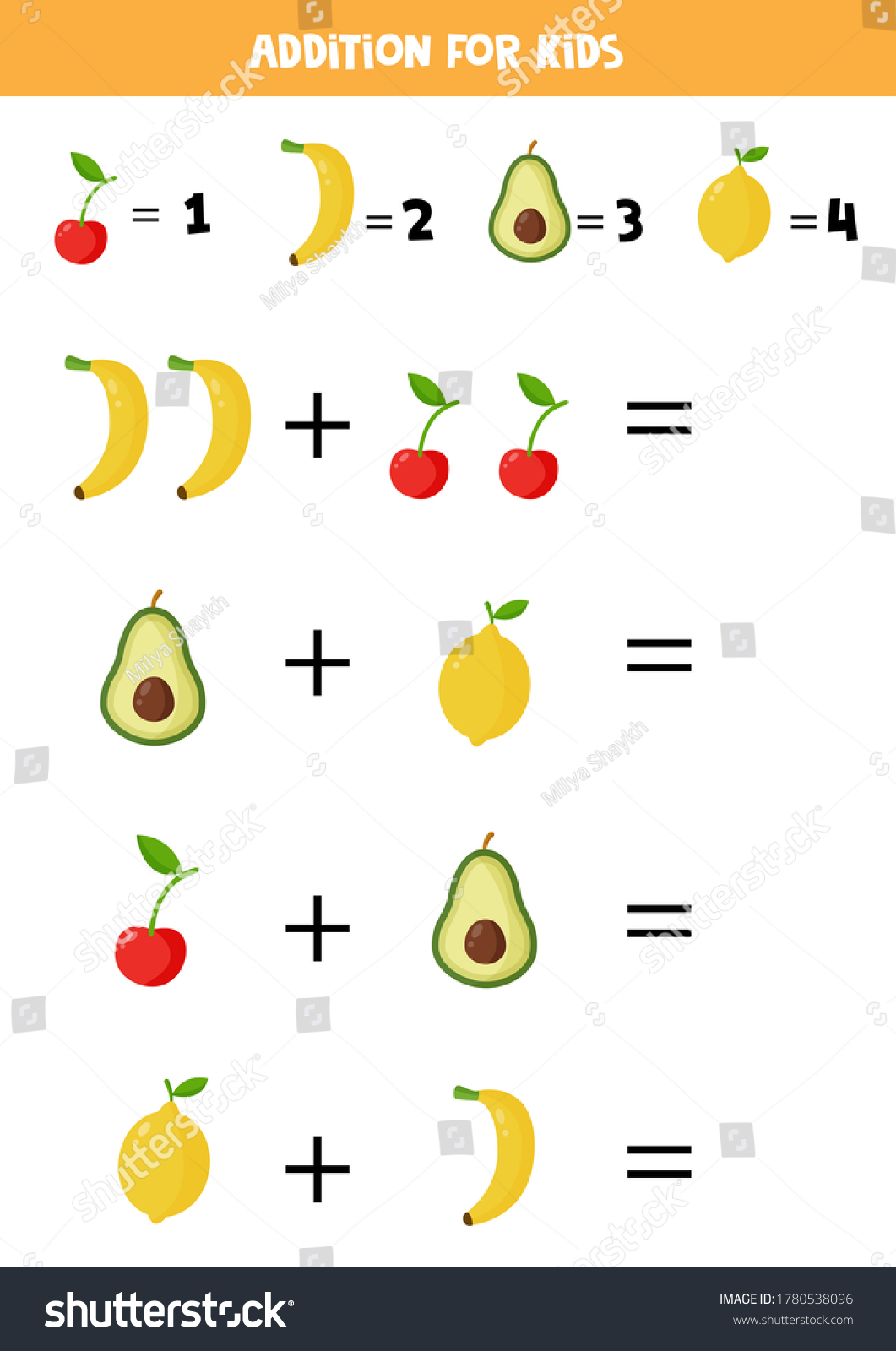 Addition Different Fruits Educational Math Game Stock Vector (Royalty ...