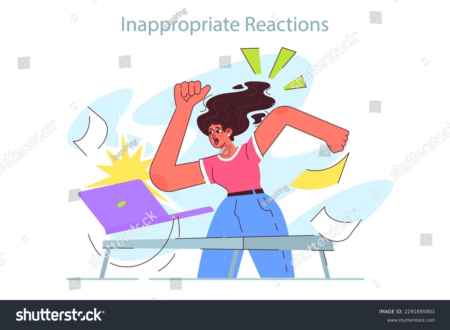 SVG of ADHD symptom. Attention deficit hyperactivity disorder signs in adulthood. Neurodiversity, stressful and chaotic behavior. Female character with inappropriate reactions. Flat vector illustration svg