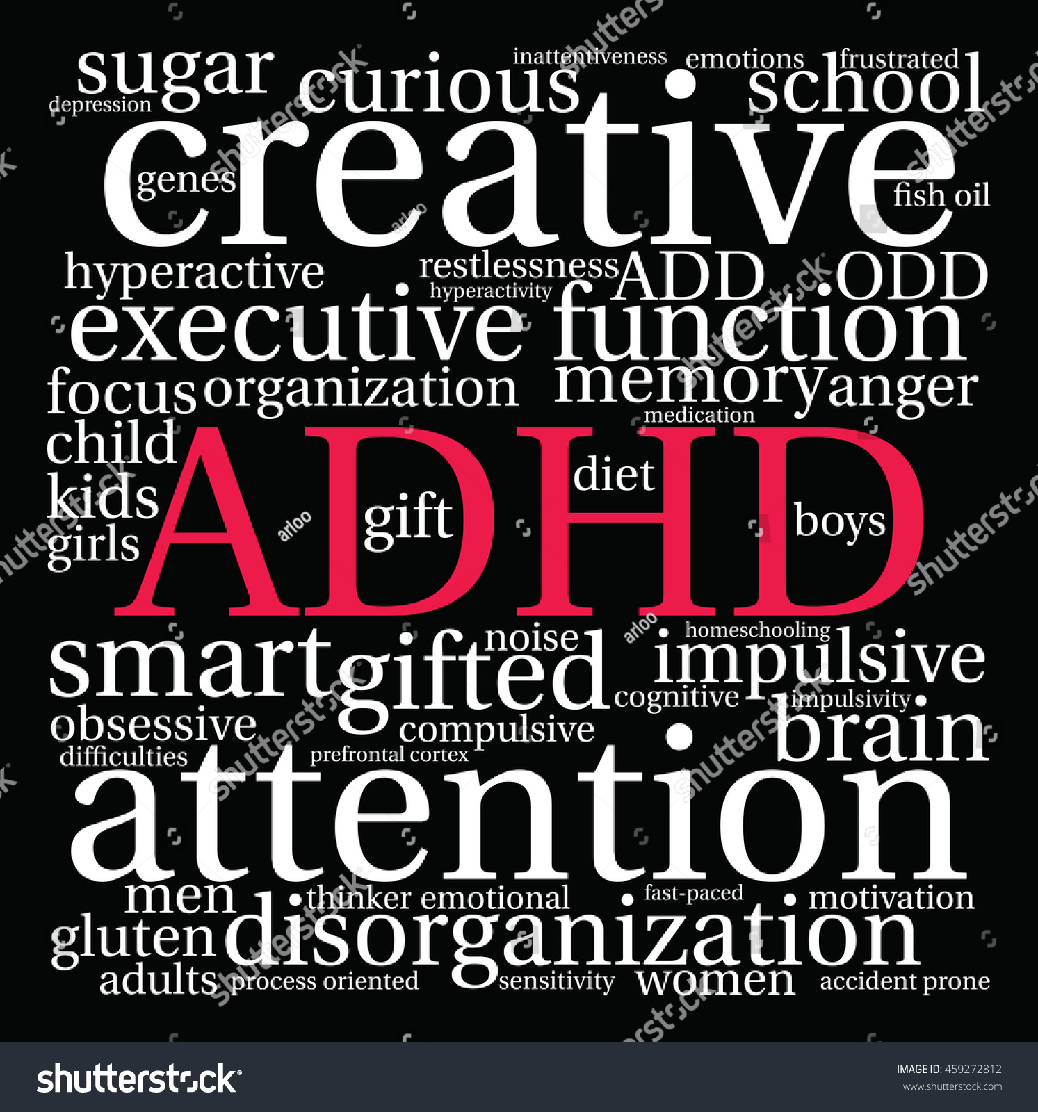 Adhd Word Cloud On Black Background Stock Vector (royalty Free 