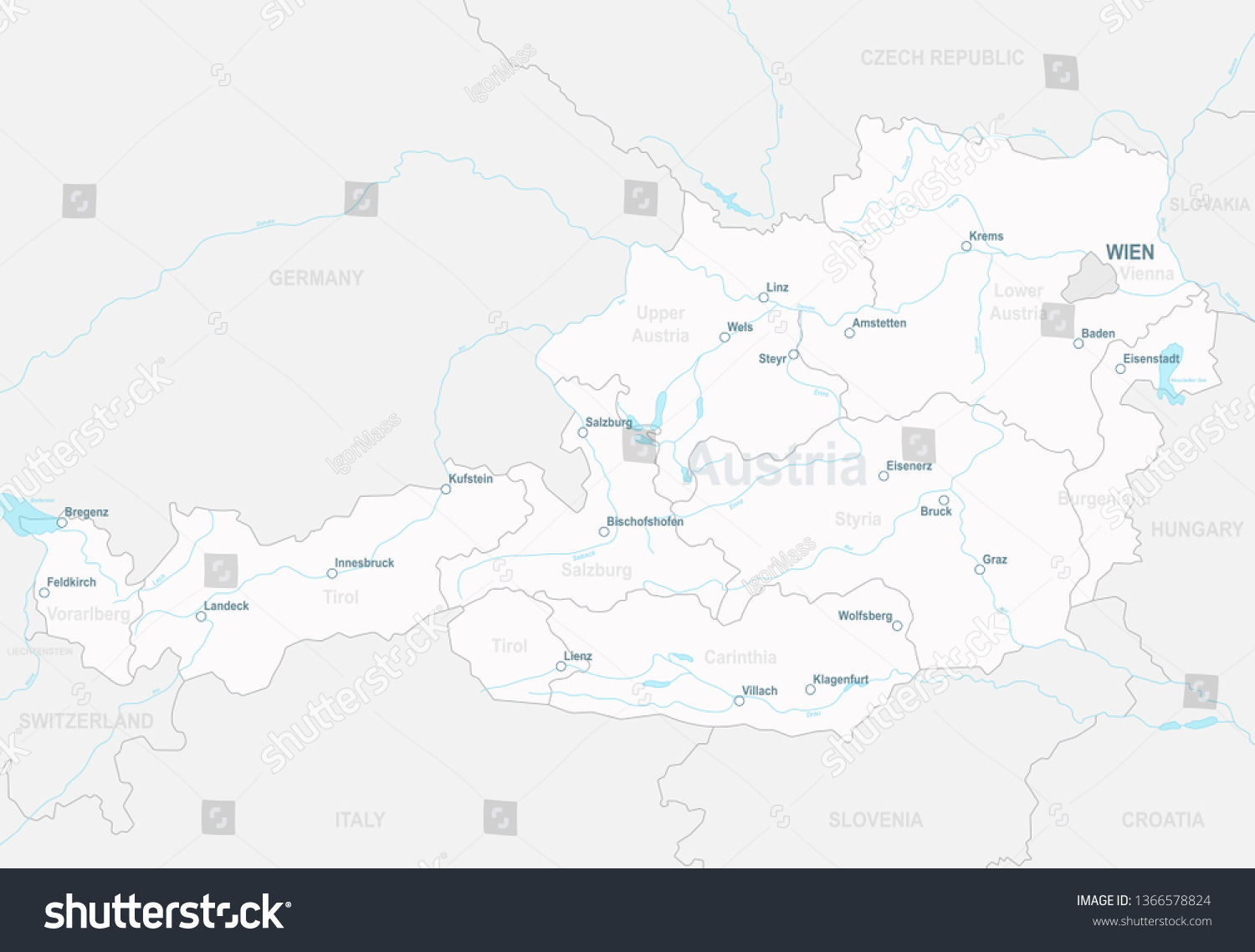 Administrative Map Austria States Rivers Cities Stock Vector (Royalty ...