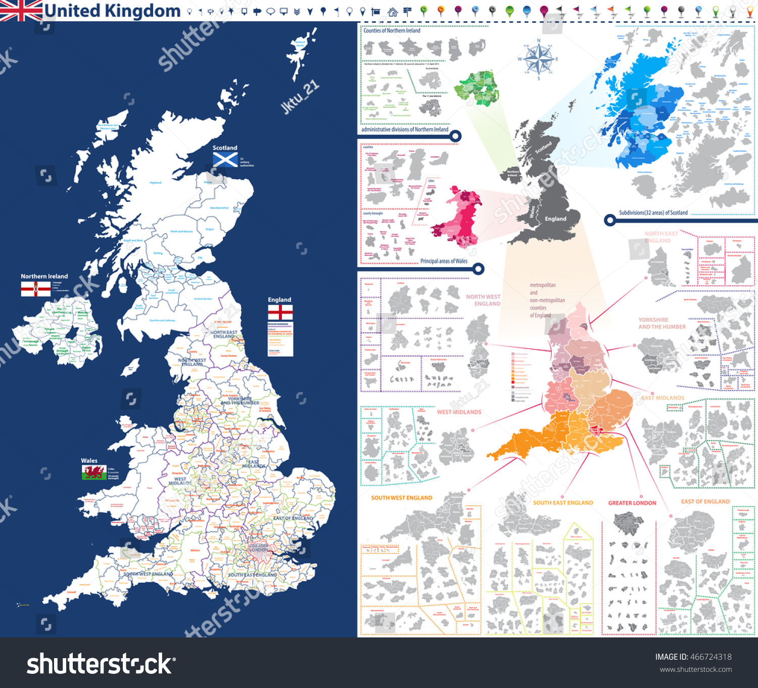 SVG of administrative units map of United Kingdom with administrative divisions(counties,areas,districts,etc.)and flags of England, Wales, Scotland and Northern Irelnad. All elements entitled and easy-to-use svg