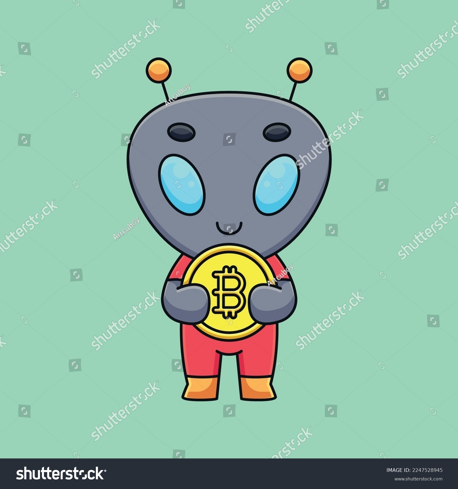 SVG of Adorable alien holds a shiny bitcoin in its hand, gazing curiously at the future of currency. Who knows what new worlds it will unlock! svg