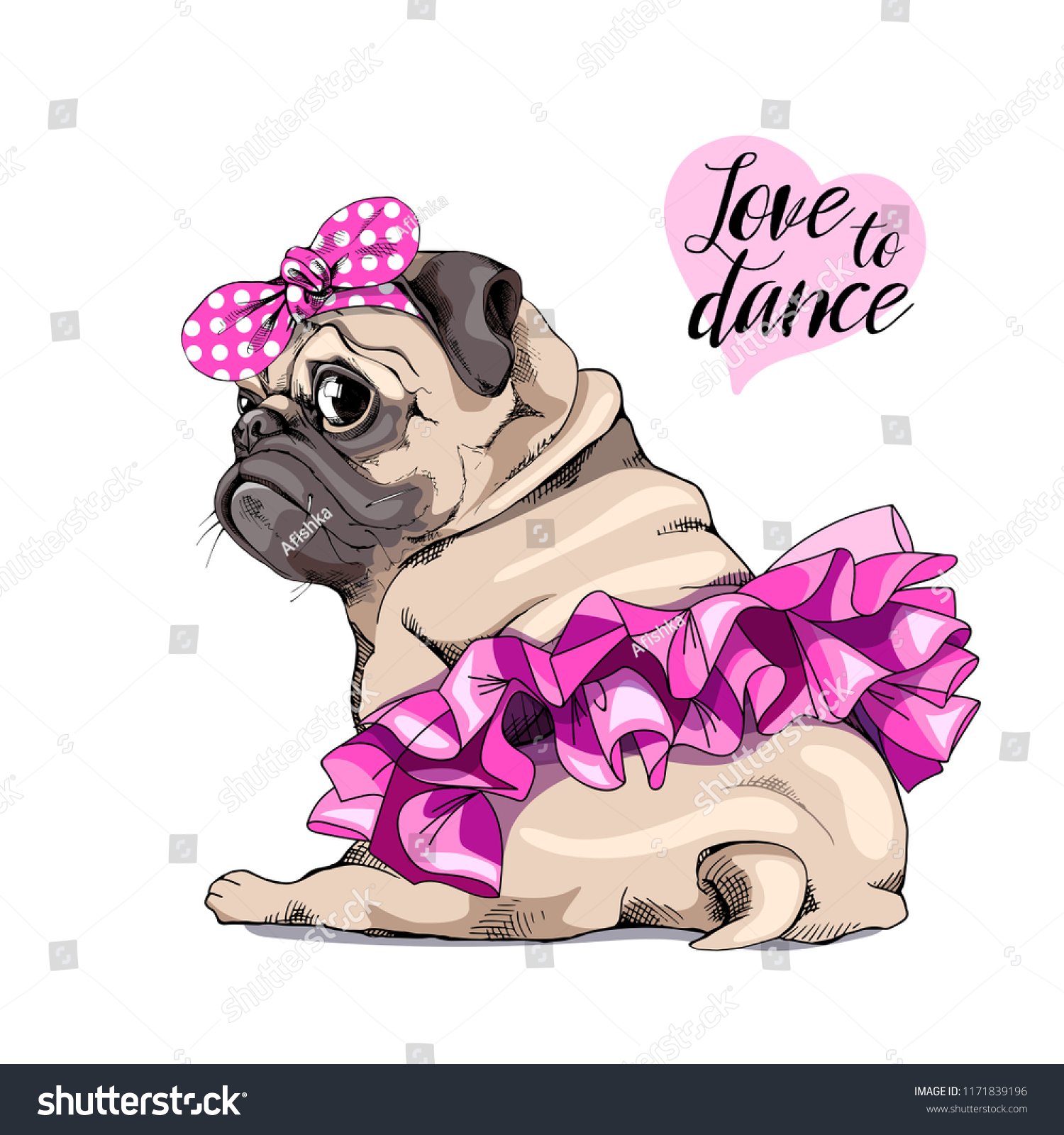 SVG of Adorable beige puppy Pug in a pink ballet tutu and in a headband. Love to dance - lettering quote. Humor card, t-shirt composition, hand drawn style print. Vector illustration. svg