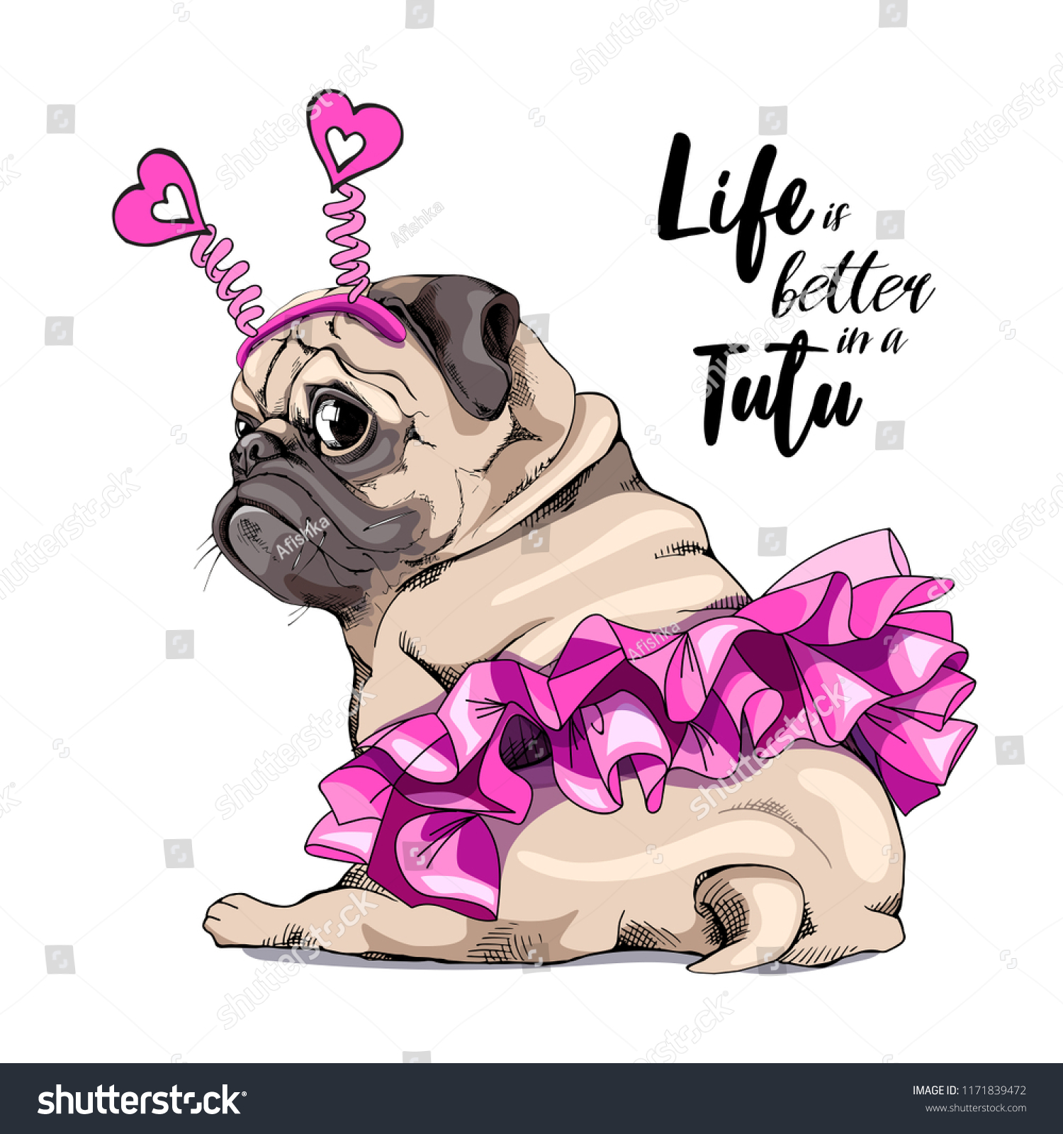 SVG of Adorable beige puppy Pug in a pink ballet tutu and in a hearts headband. Humor card, t-shirt composition, hand drawn style print. Vector illustration. svg