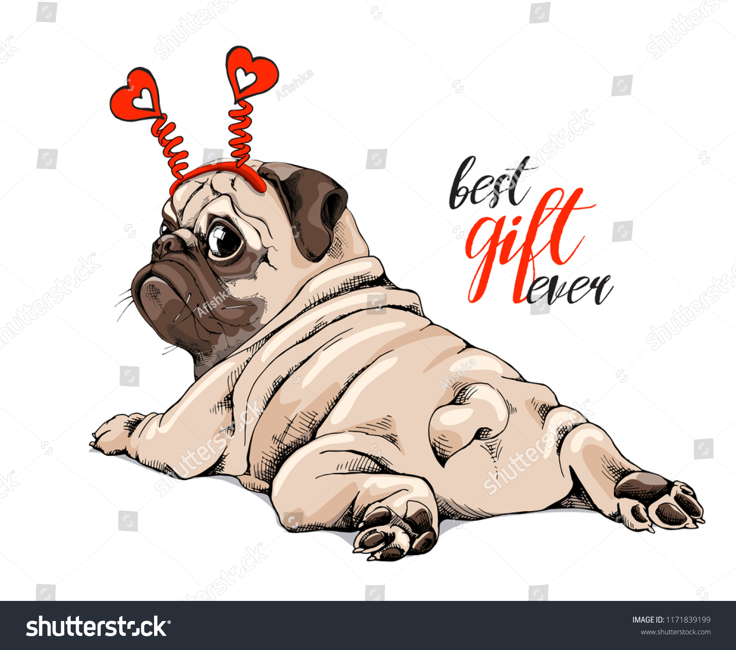 SVG of Adorable beige puppy Pug in a red hearts headband. Best gift ever - lettering quote. Humor card, t-shirt composition, hand drawn style print. Vector illustration. svg