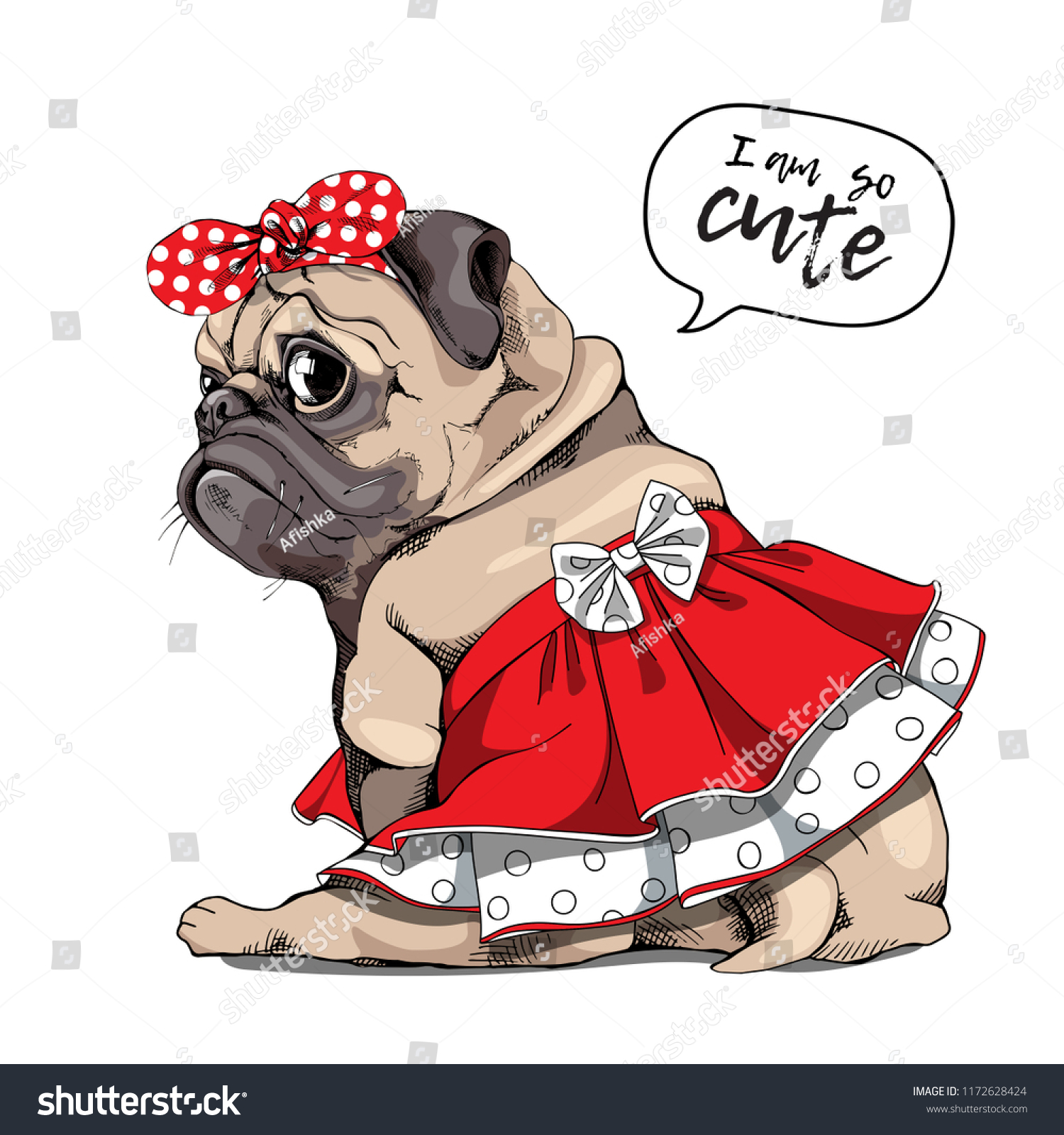 SVG of Adorable beige puppy Pug in a red skirt with a bow and in a headband. I am so cute - lettering quote. Humor card, t-shirt composition, hand drawn style print. Vector illustration. svg