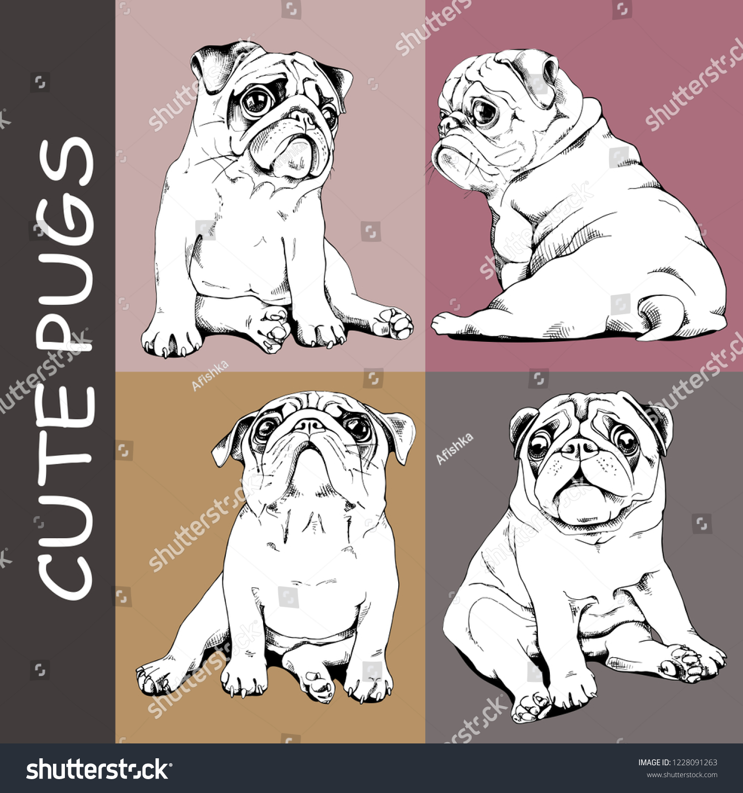 SVG of Adorable black and white Pug puppies. Сollection of a characters. Humor set, hand drawn style print. Vector illustration. svg