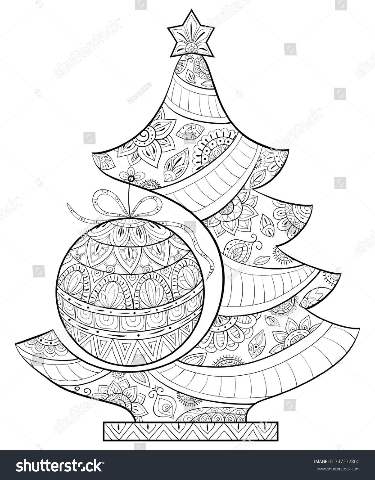 Adult coloring page book a fir tree with a decoration ball for christmas Zen