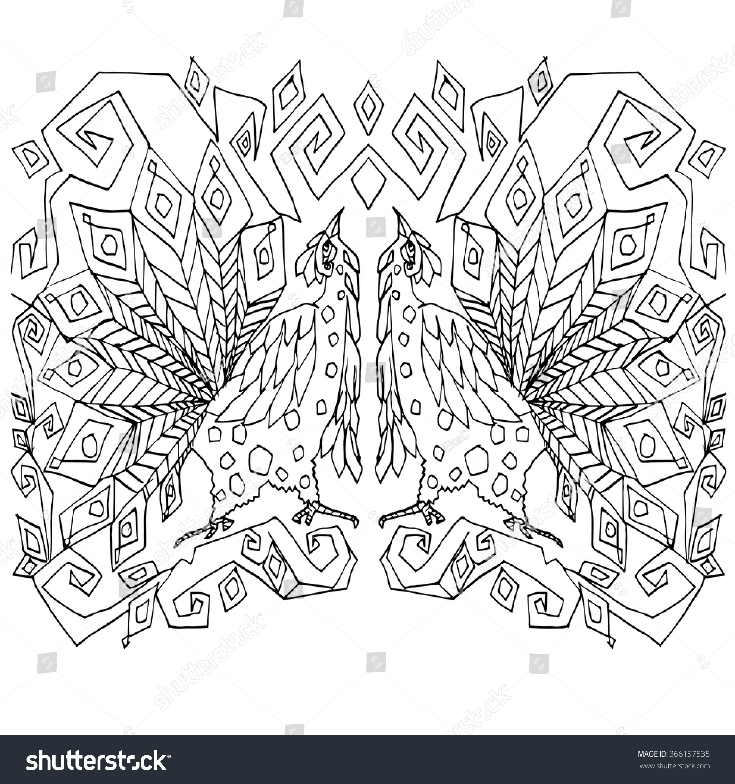 Adult coloring page turkey bird couple dancing detailed decorative design in folk art style