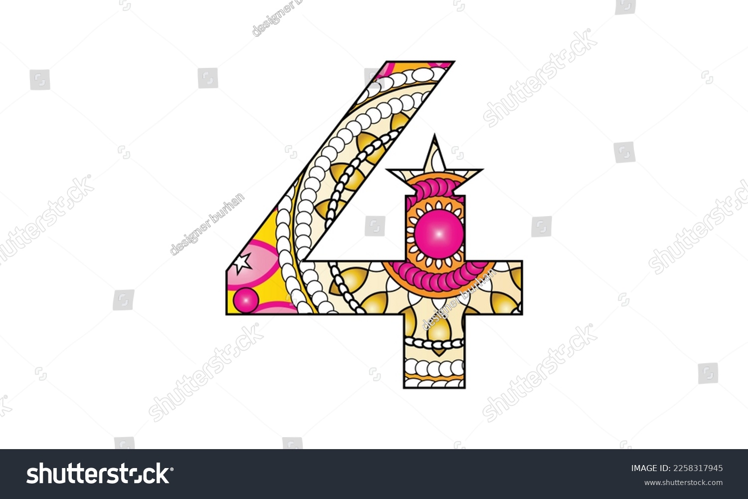 SVG of Adult coloring page with number 4. Ornamental font. svg