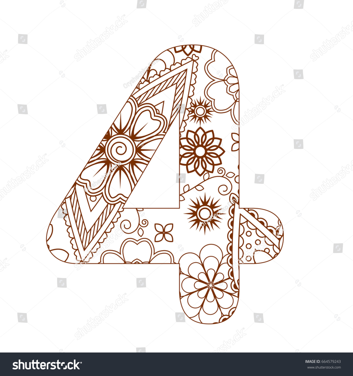 SVG of Adult coloring page with number 4. Ornamental font. svg