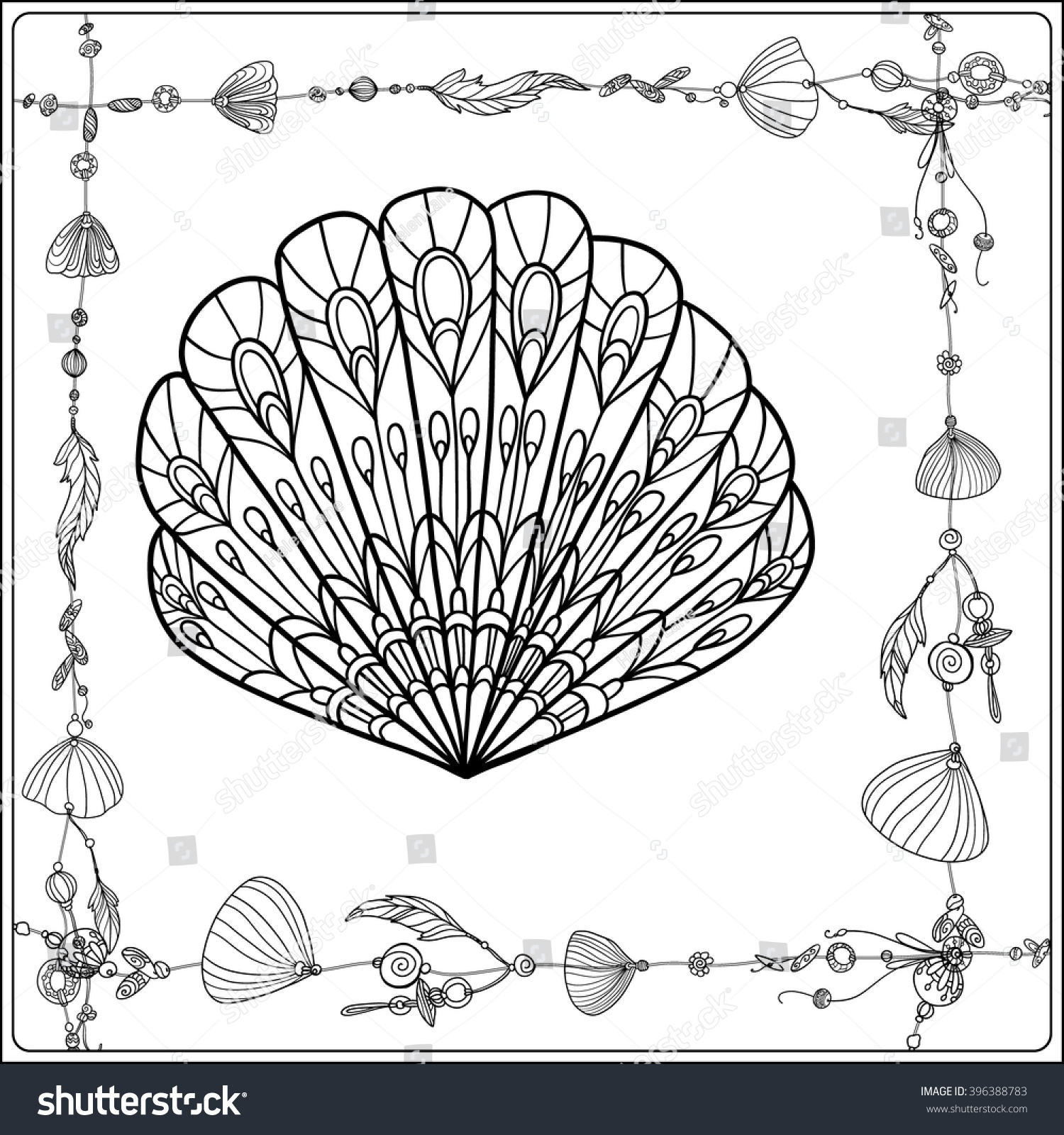 Adult coloring page with sea shells in boho style Outline drawing Vector illustration