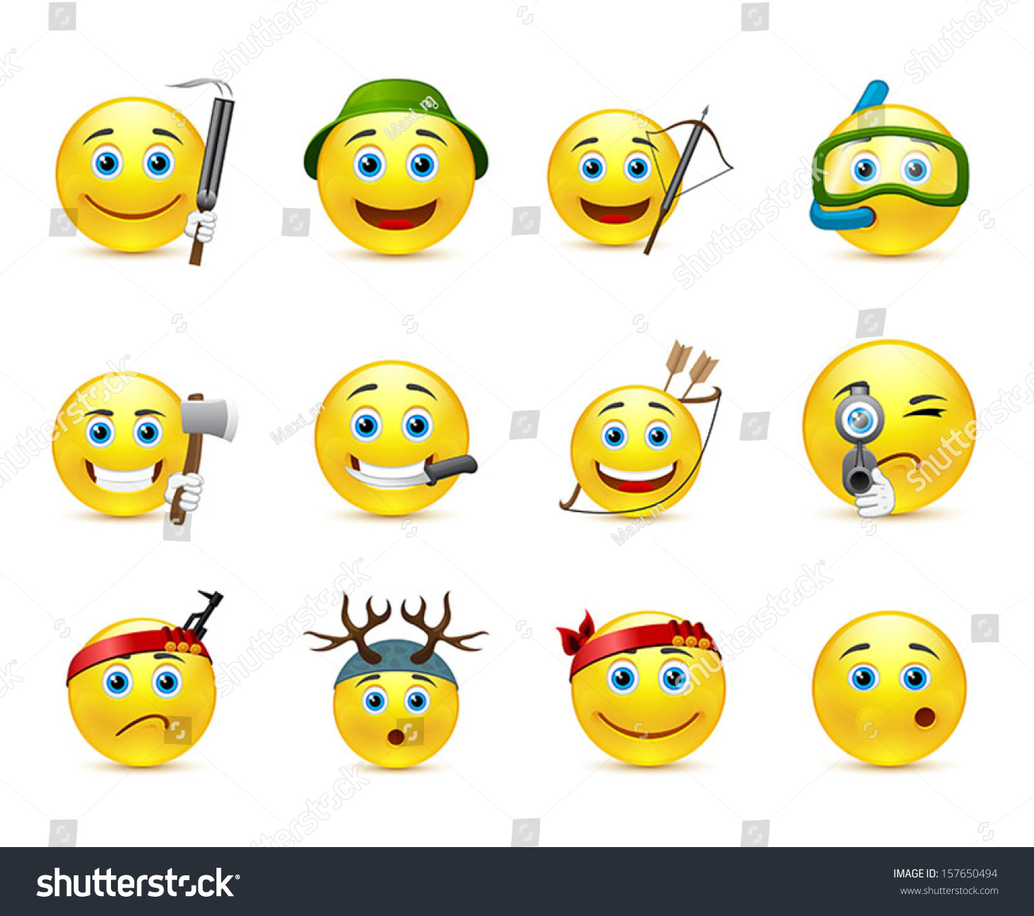 Adventure And Hunting Smiley Icon Set In Vector - 157650494 : Shutterstock