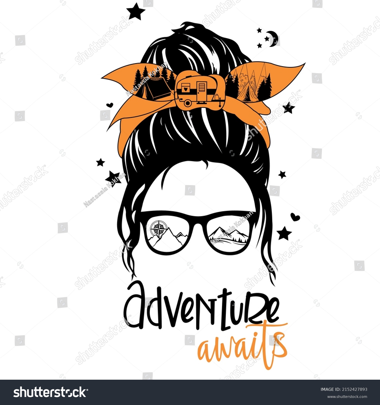 SVG of Adventure awaits Svg vector Illustration isolated on white background. Camping messy bun shirt design. Camping trailer. Camping sunglasses with mountains svg