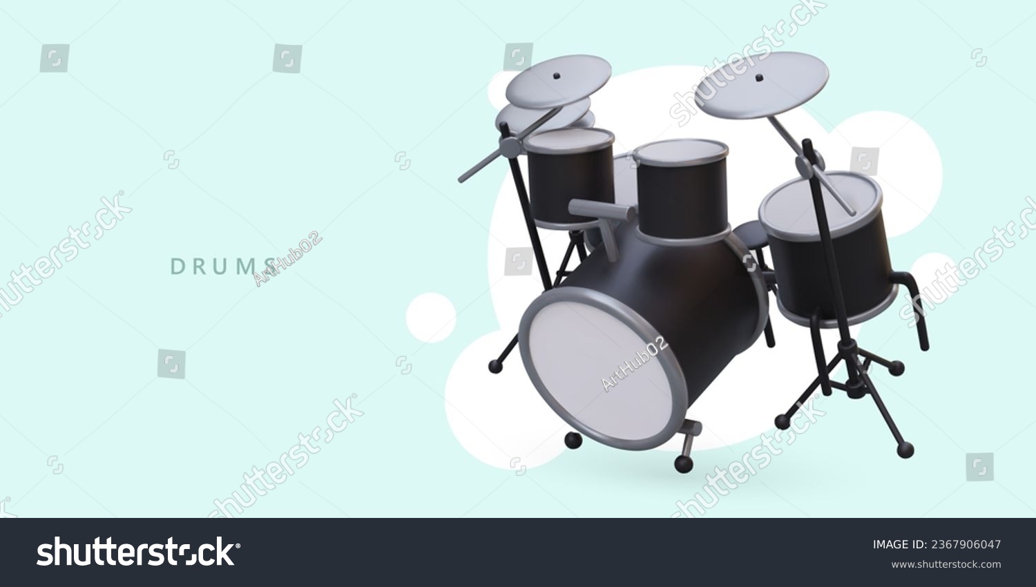 SVG of Advertising poster for musical instrument shop with 3d realistic drum set. Concept of hobby and creating music. Vector illustration with blue background svg