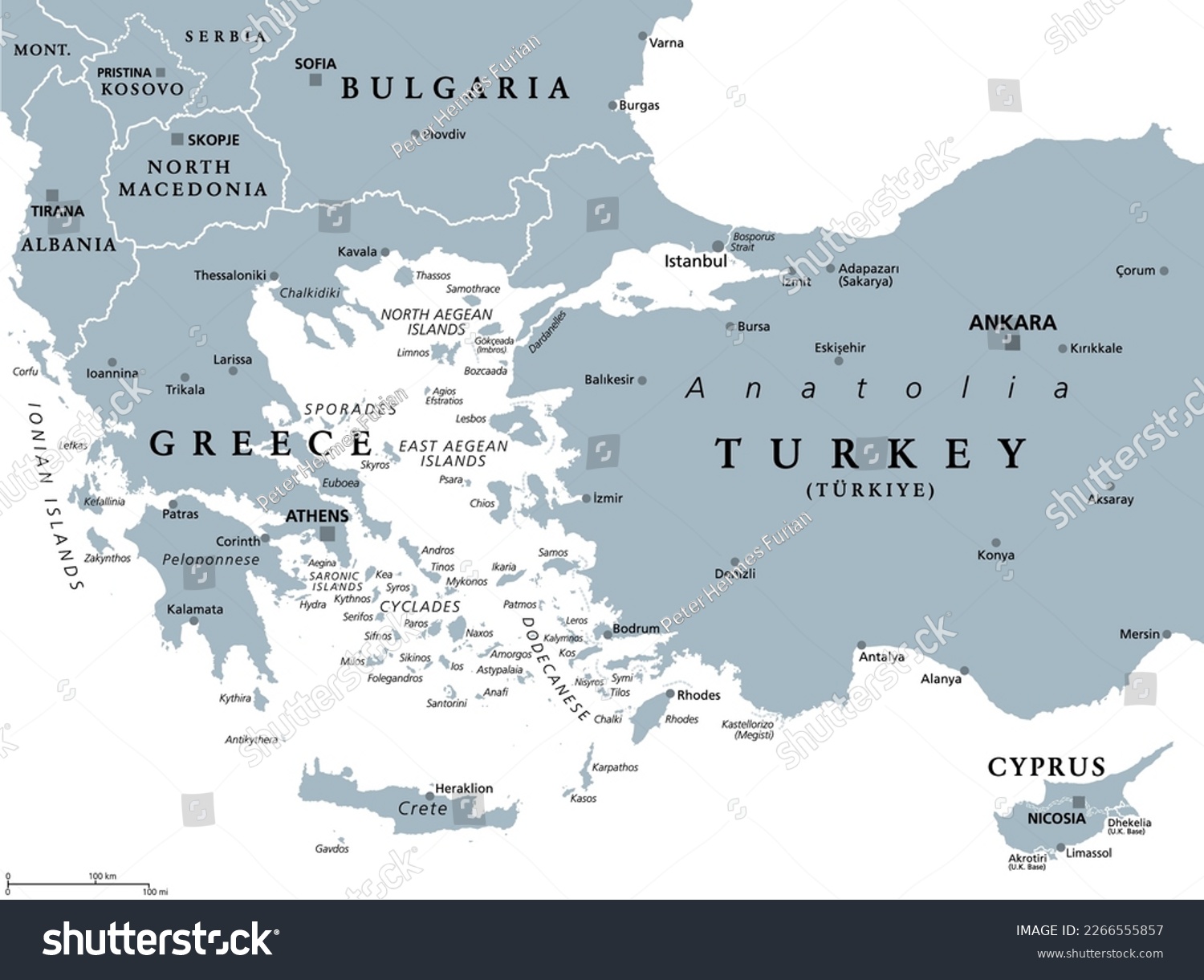 SVG of Aegean Sea region, with Aegean Islands, gray political map. An elongated embayment of the Mediterranean Sea, located between Europe and Asia, between the Balkans and Anatolia, and Greece and Turkey. svg