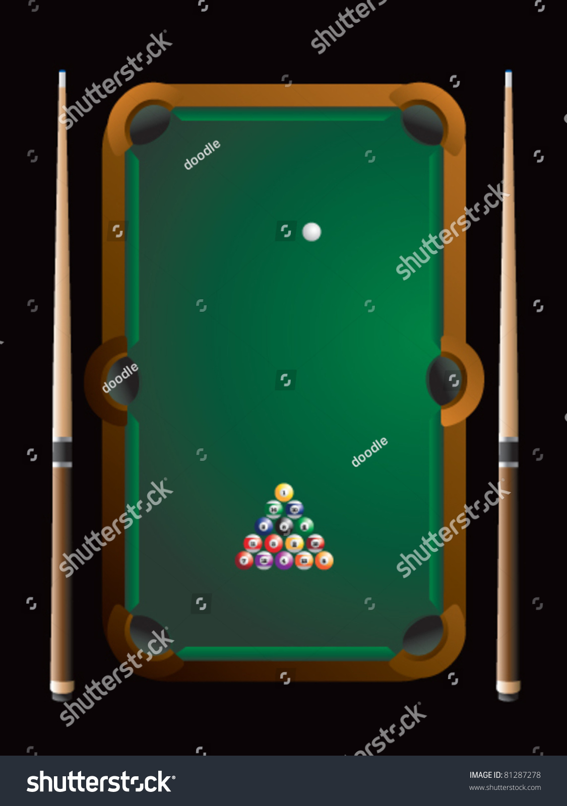 Aerial View Of A Billiard Table With Balls And Sticks On Black Backdrop ...