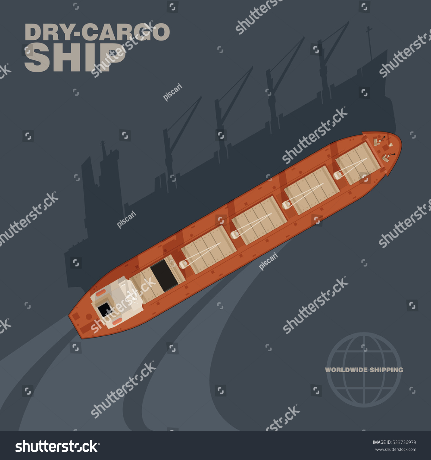 SVG of Aerial view of dry-cargo ship in the sea with cast shadow silhouette. Top view of a deck of a bulk carrier, commercial freight transport worldwide, realistic style, vector illustration. svg
