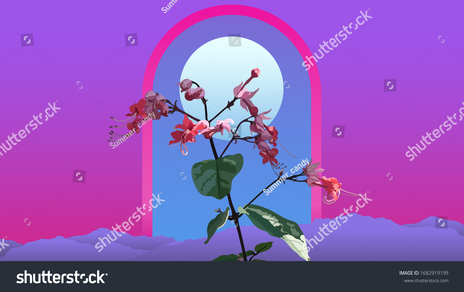 Aesthetic Tropical Flowers On Arch Door Stock Vector Royalty Free 1682919199