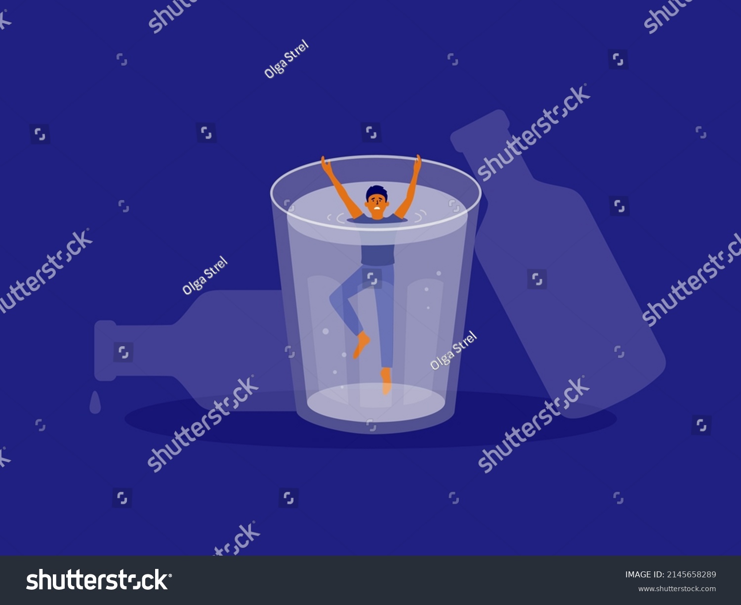SVG of Afraid man drowning in alcohol glass. Alcoholism, alcoholics anonymous. Drunk male, drinker guy asking help. Social issue, abuse, addiction. Exhausted alcoholic inside drink glass. Vector Illustration svg