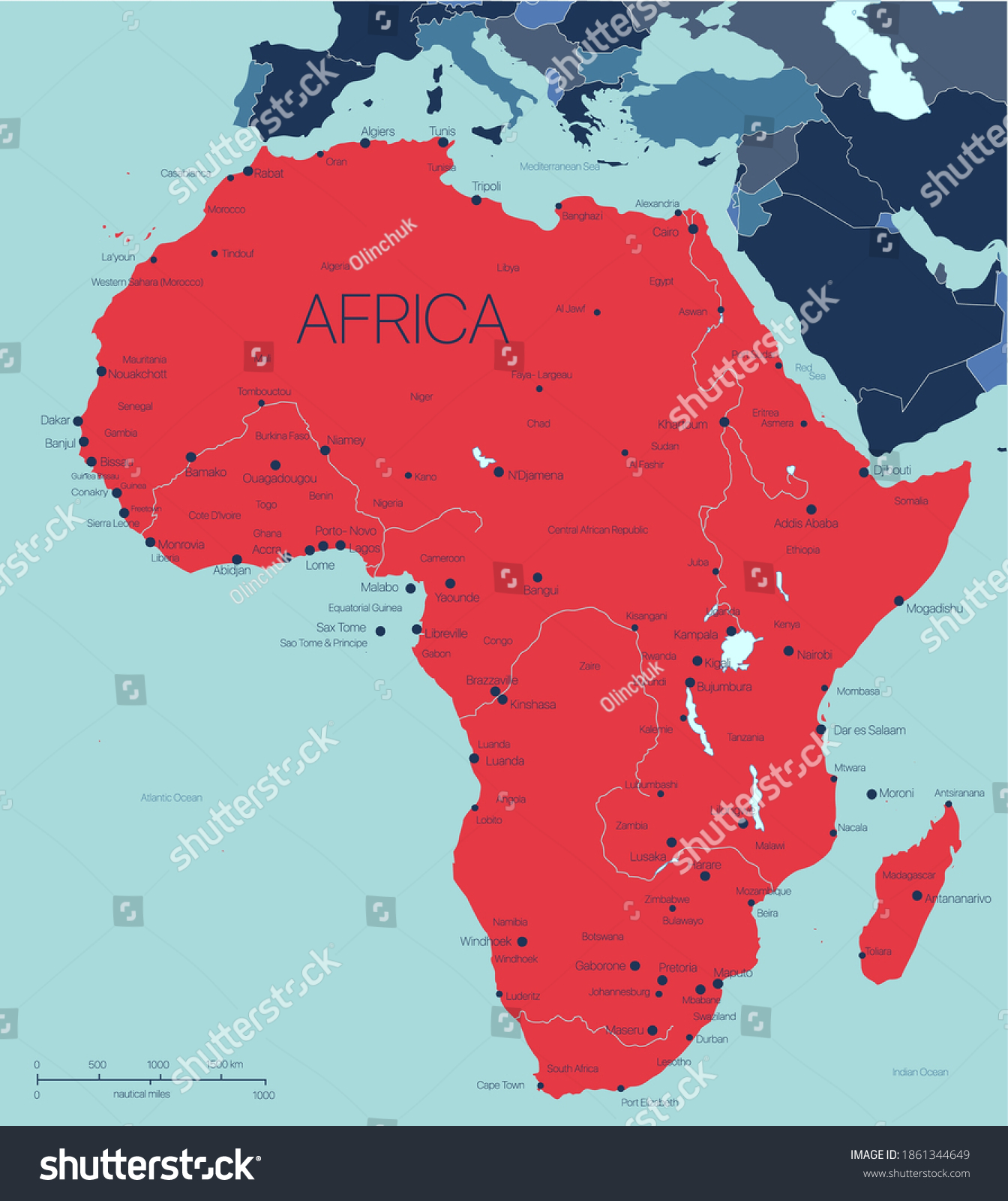 Africa Continent Vector Map Countries Cities 库存矢量图（免版税）1861344649 Shutterstock 6514