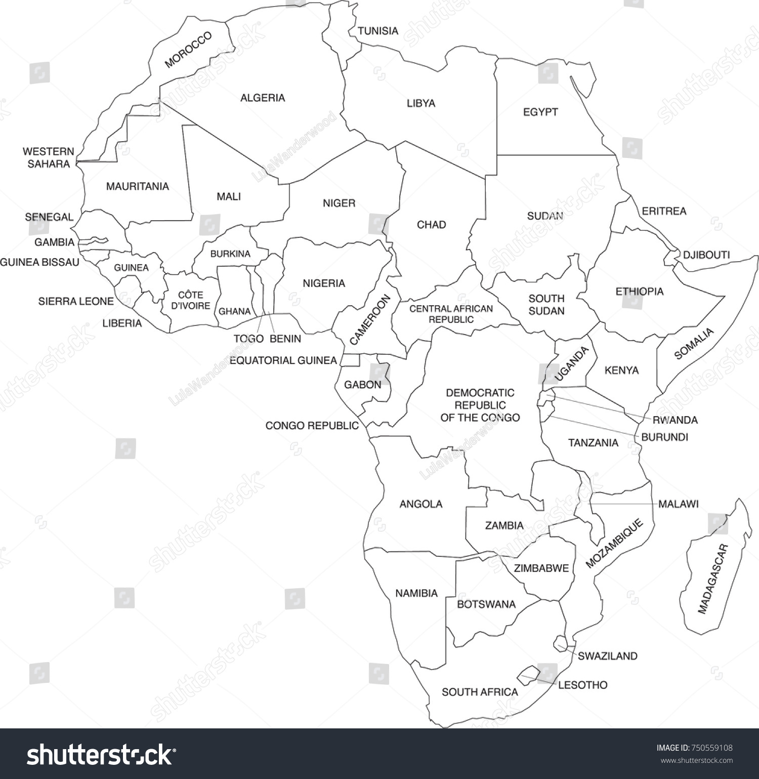 Africa Map Coloring Book Outlines Labels Stock Vector Royalty Free 750559108