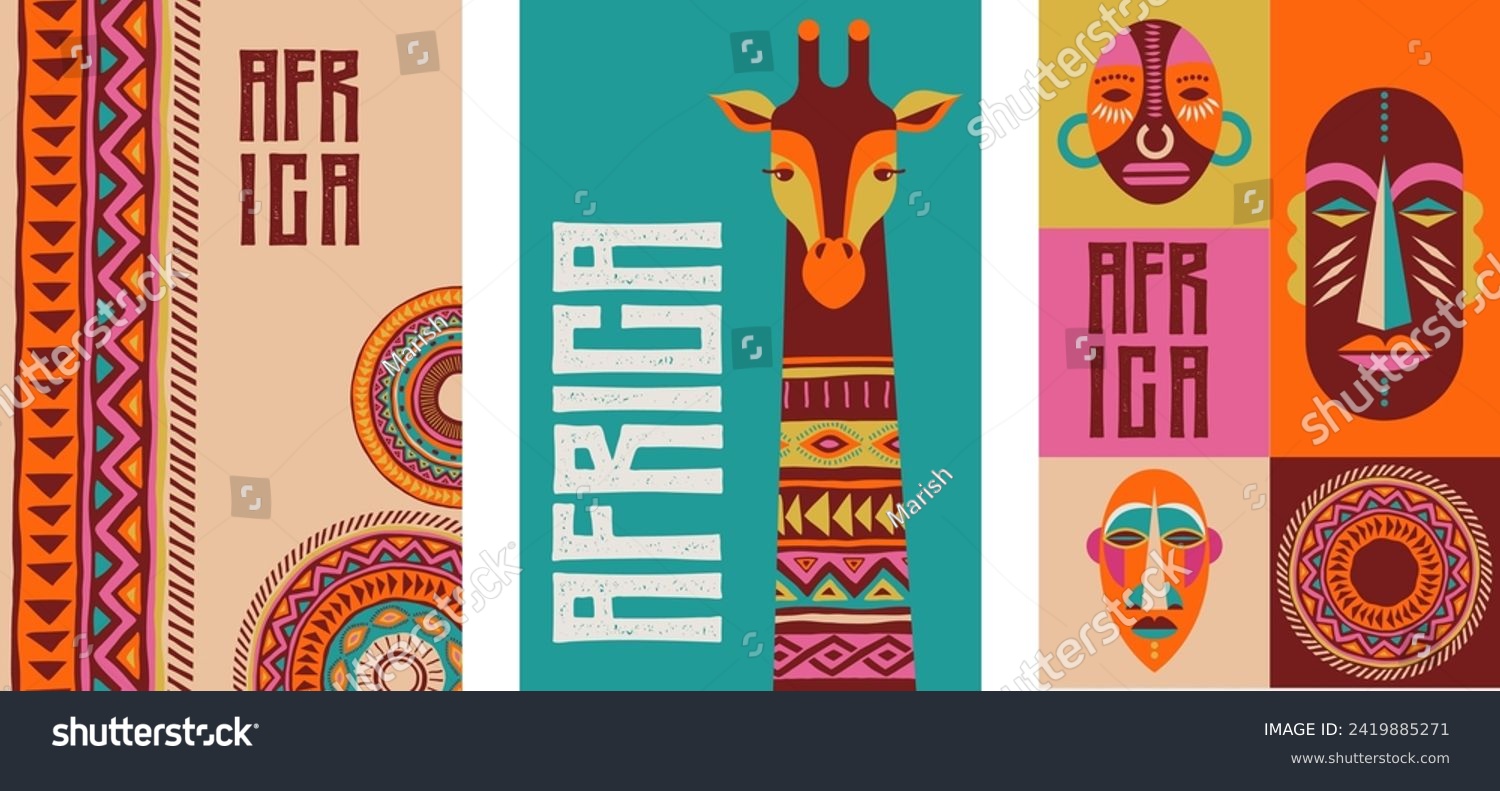 SVG of Africa patterned design. African background, banner with tribal traditional grunge pattern, elements, vector concept illustration. Masks, patterns, African symbols and colors svg