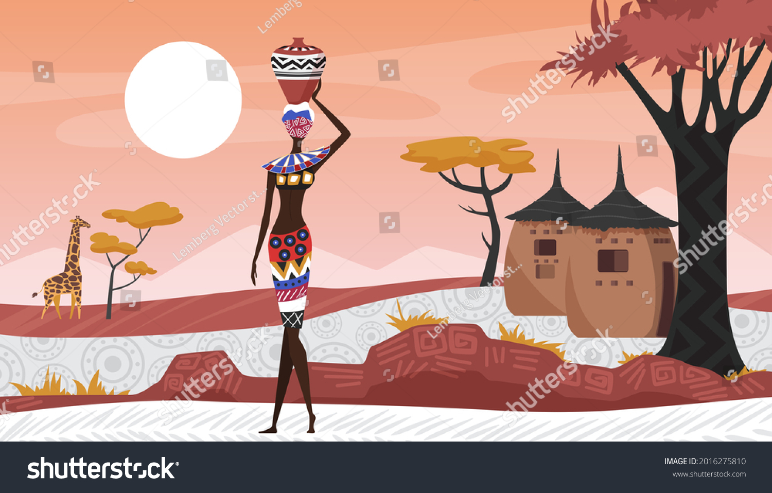 SVG of Africa rural landscape with abstract geometric pattern, village and African people vector illustration. Cartoon woman with jug, afro character in tribal traditional costume near houses huts background svg