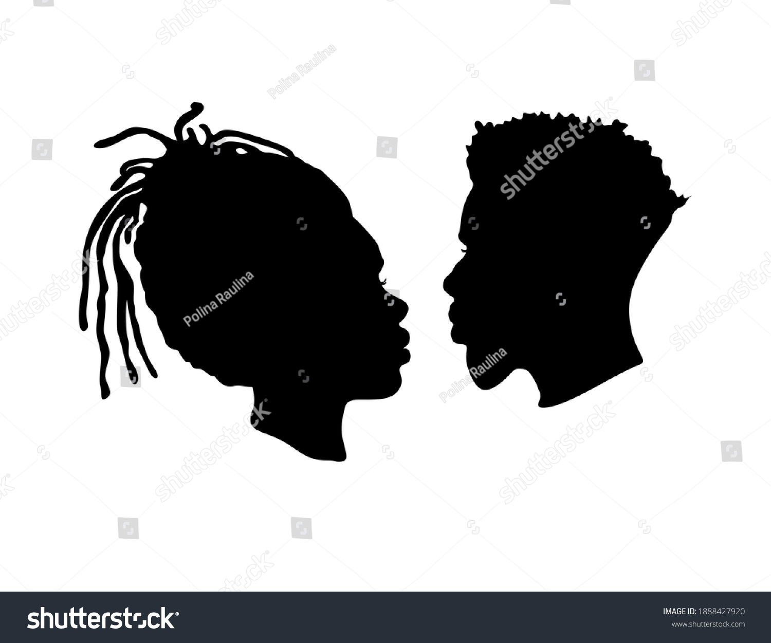 SVG of African American Afro female, male face vector silhouettes. Black couple portraits for wedding romantic design.Profile man and woman head drawing illustration with hairstyles of dreadlocks.Human love svg