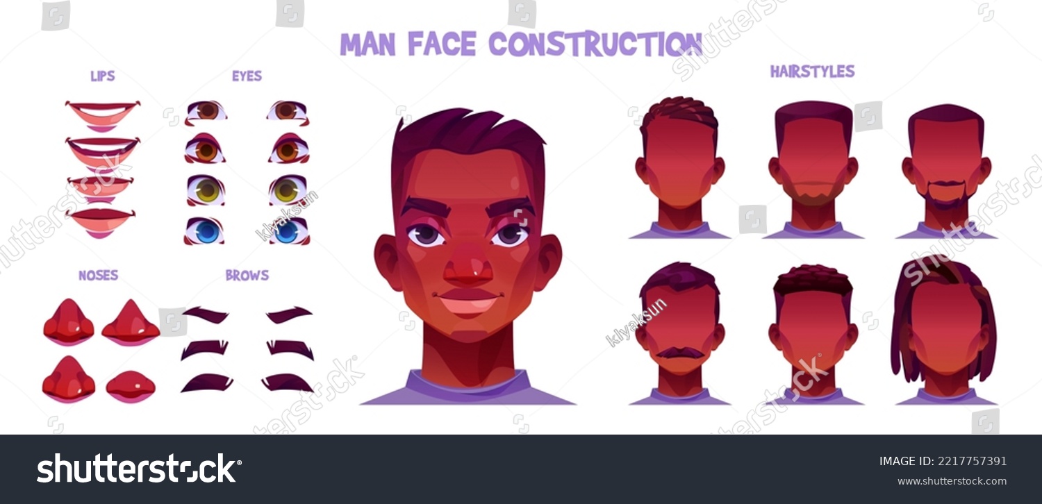 SVG of African american man face construction cartoon set isolated on white background. Vector illustration of different male character eyes, nose, mouth, hairstyle for avatar creation. Game design elements svg