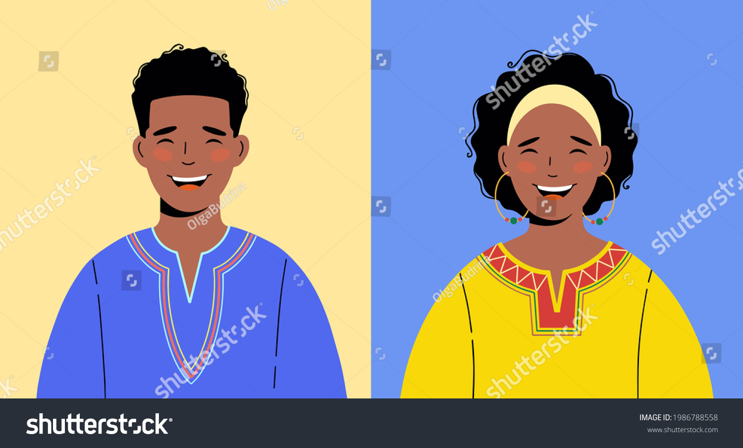 SVG of African-Americans in ethnic clothing. Illustration of a black man and woman. Great for avatars. svg