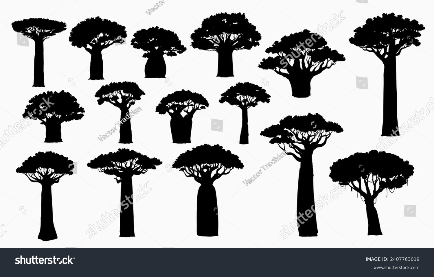 SVG of African baobab tree silhouettes. African continent and Madagascar island nature symbol, savannah flora. Tall and high Baobab trees with thick and thin trunks, covered lianas isolated vector silhouette svg