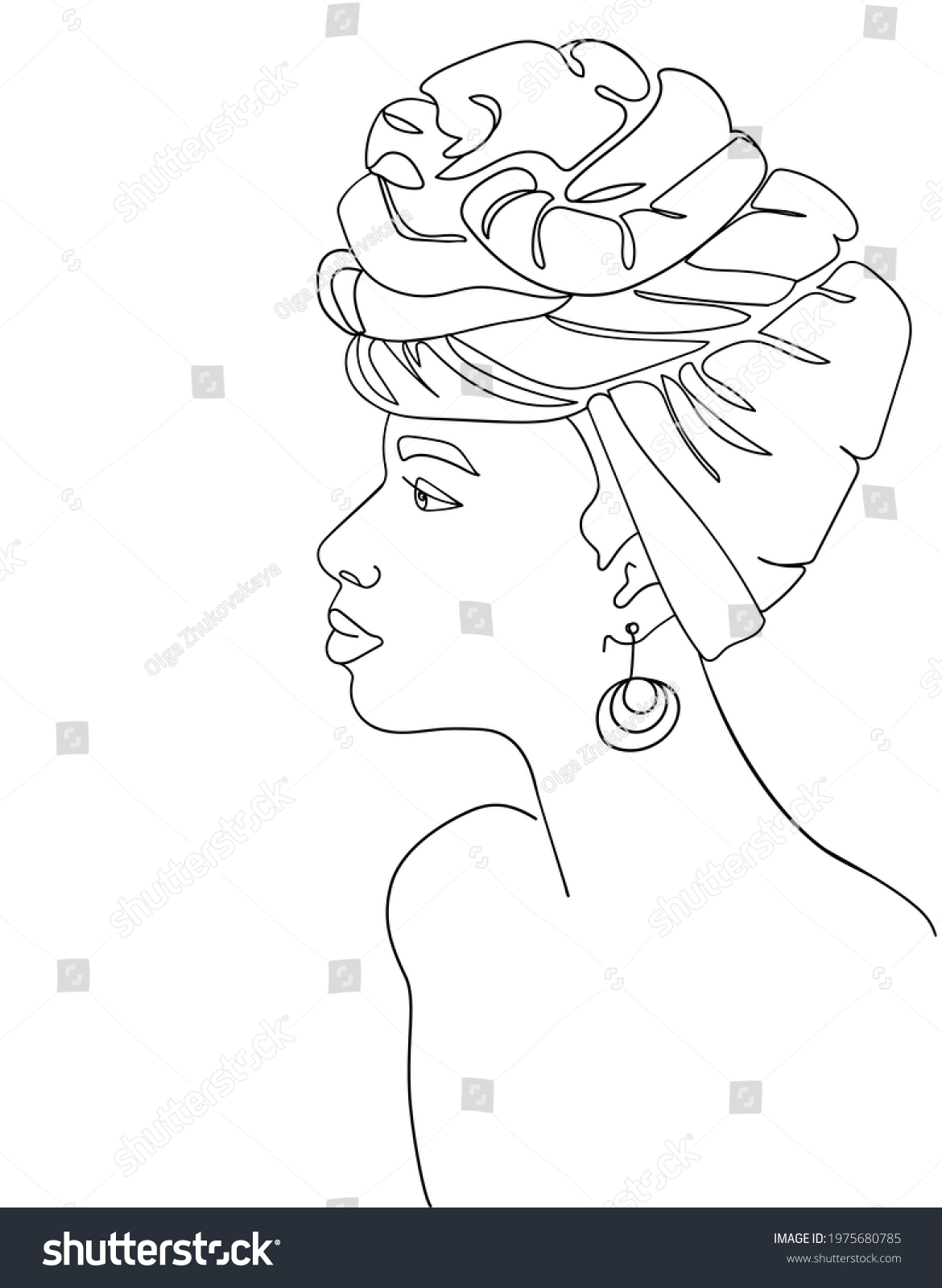 African Beautiful Headdress Girl Line Art Stock Vector (royalty Free 