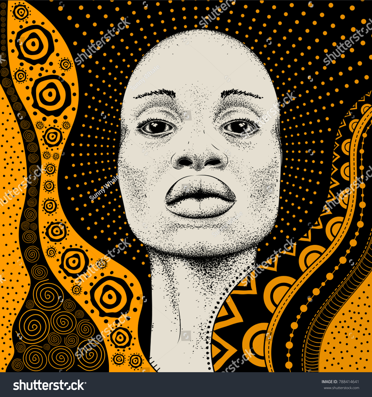 SVG of African Girl with African hand draw ethno pattern, tribal background. Beautiful black woman. Profile view. Vector illustration svg