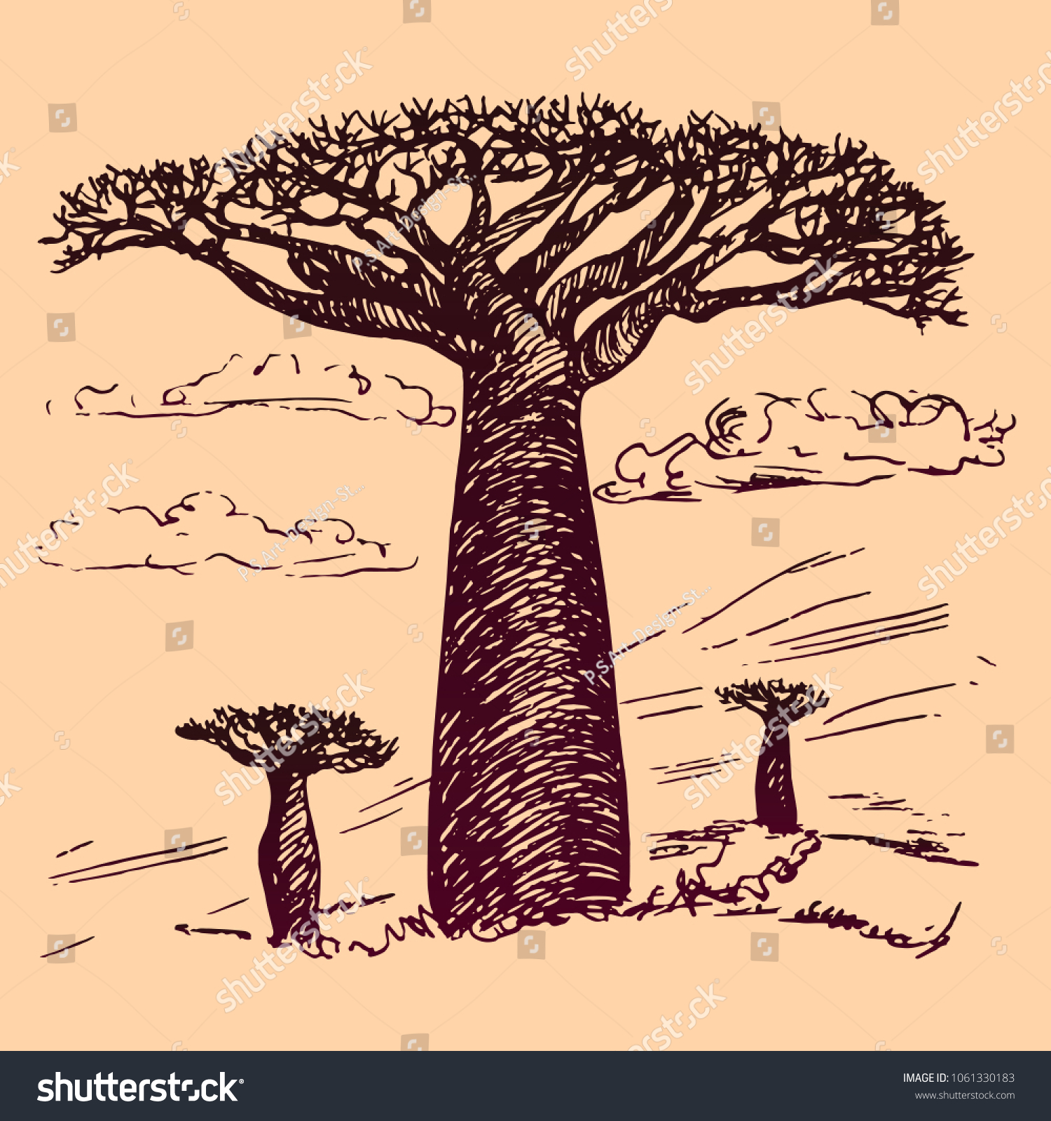 Paisajes Africanos Con Baobabs, Doodle Dibujado: Vector De Stock (libre ...