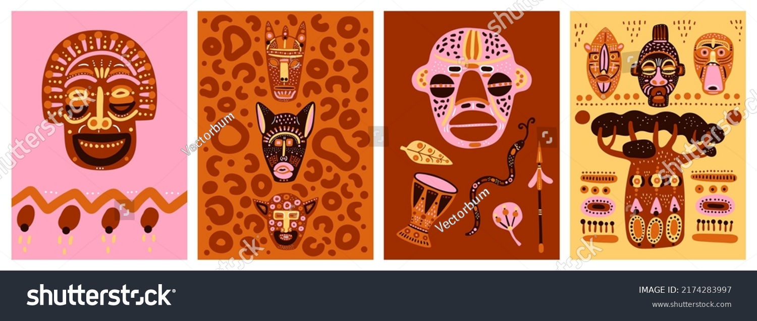 SVG of African mask cards. Patterned totems. Ritual elements. Nigeria culture. Painted faces. Decorative baobab tree. Doodle aborigines and animals heads. Indigenous idols svg