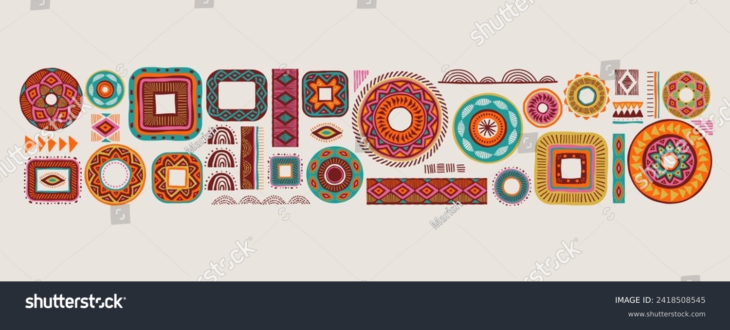 SVG of African pattern elements, symbols, icons. Colorful tribal, Aztec, African, Indian hand drawn lines, elements, circles. Concept vector illustrations collection svg