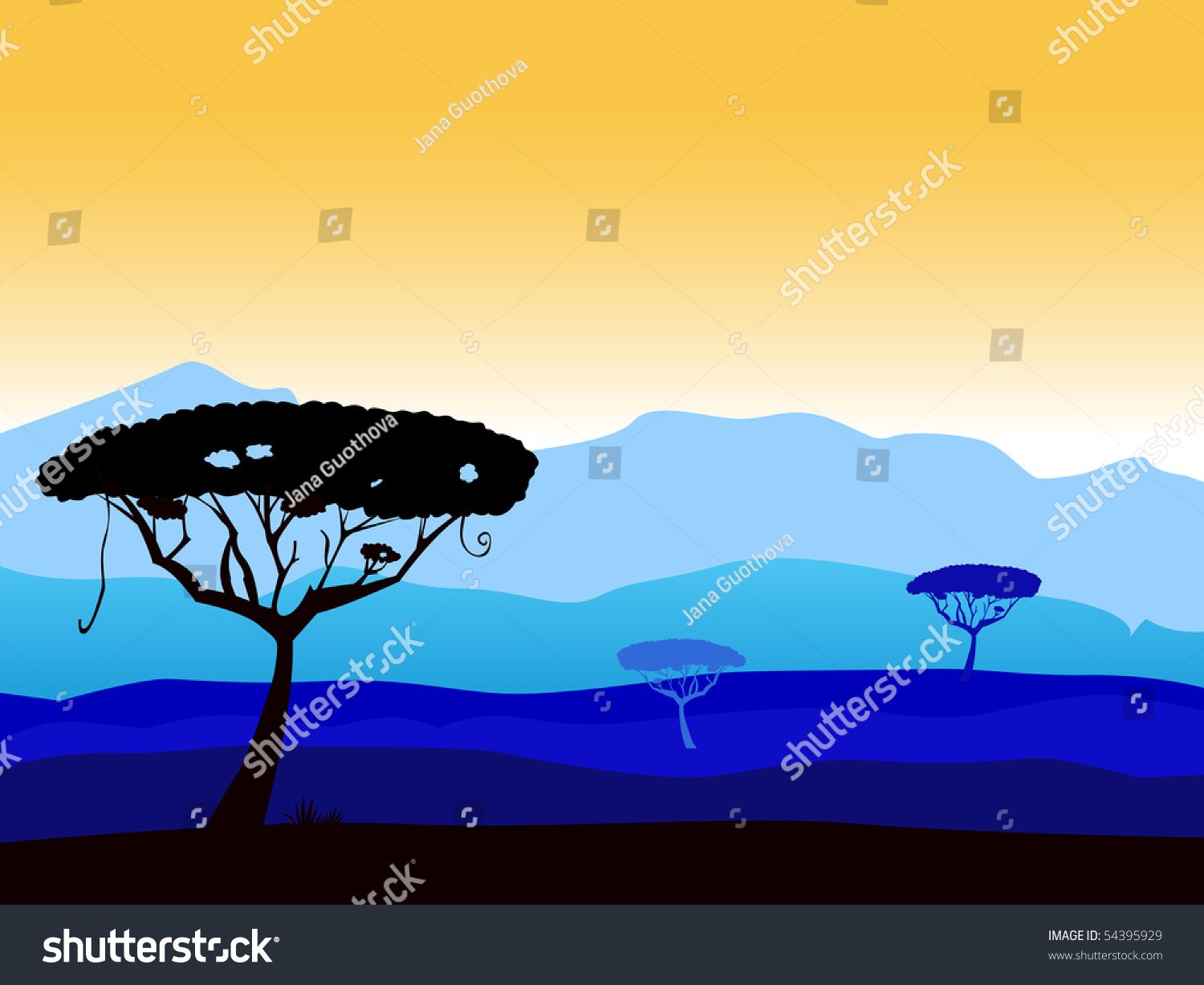 African Safari Background With Tree Silhouette. Vector Background With ...