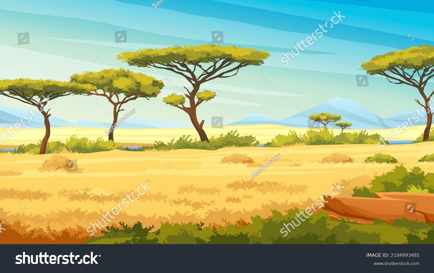 SVG of African savannah landscape with green trees, and plain grassland field under blue clear sky, river and jungle plants. Kenya panoramic view, mountains and skyline, wild nature svg