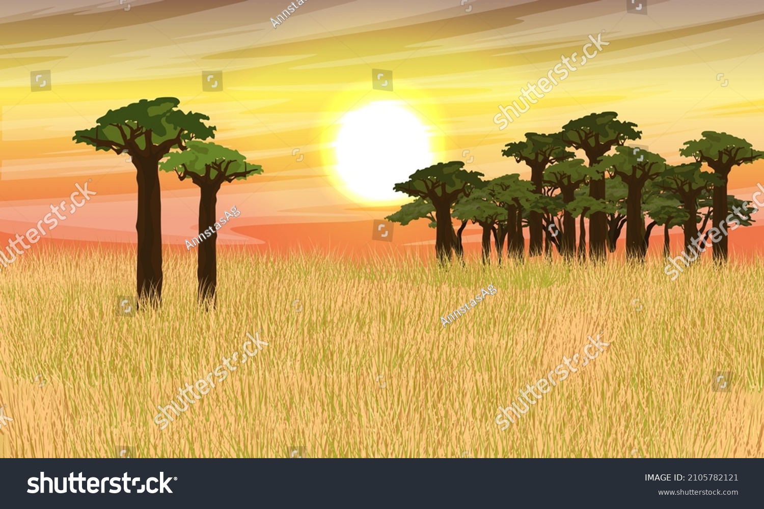 SVG of African savannah. Tall dry grass and a group of baobabs against the sunset sky. Wildlife of Africa. Realistic vector landscape svg