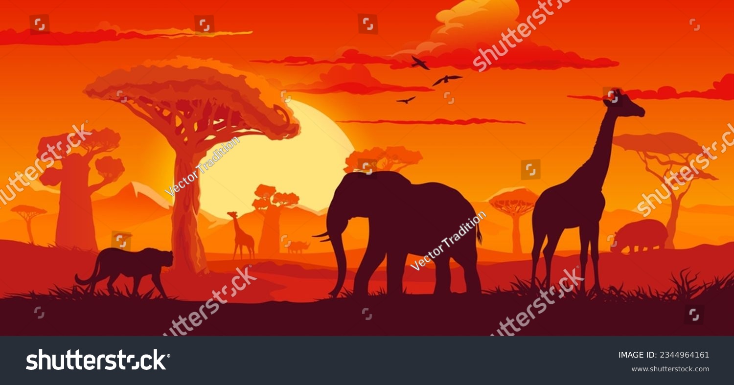 SVG of African sunset landscape with safari animals silhouettes. Vector background with elephant, giraffe, hippo and cheetah at dusk savannah scenery nature with birds in red sky, sun and plant shadows svg