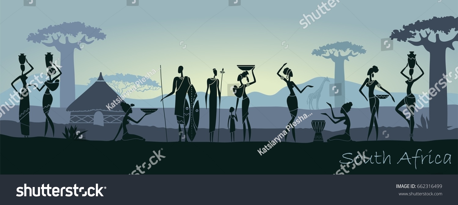 SVG of African sunset landscape with silhouettes of people svg