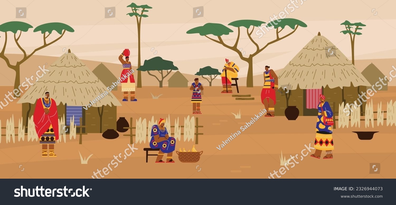 SVG of African tribal ethnic village with group of huts and people in traditional costumes. African tribe traditional settlement, flat cartoon vector illustration svg
