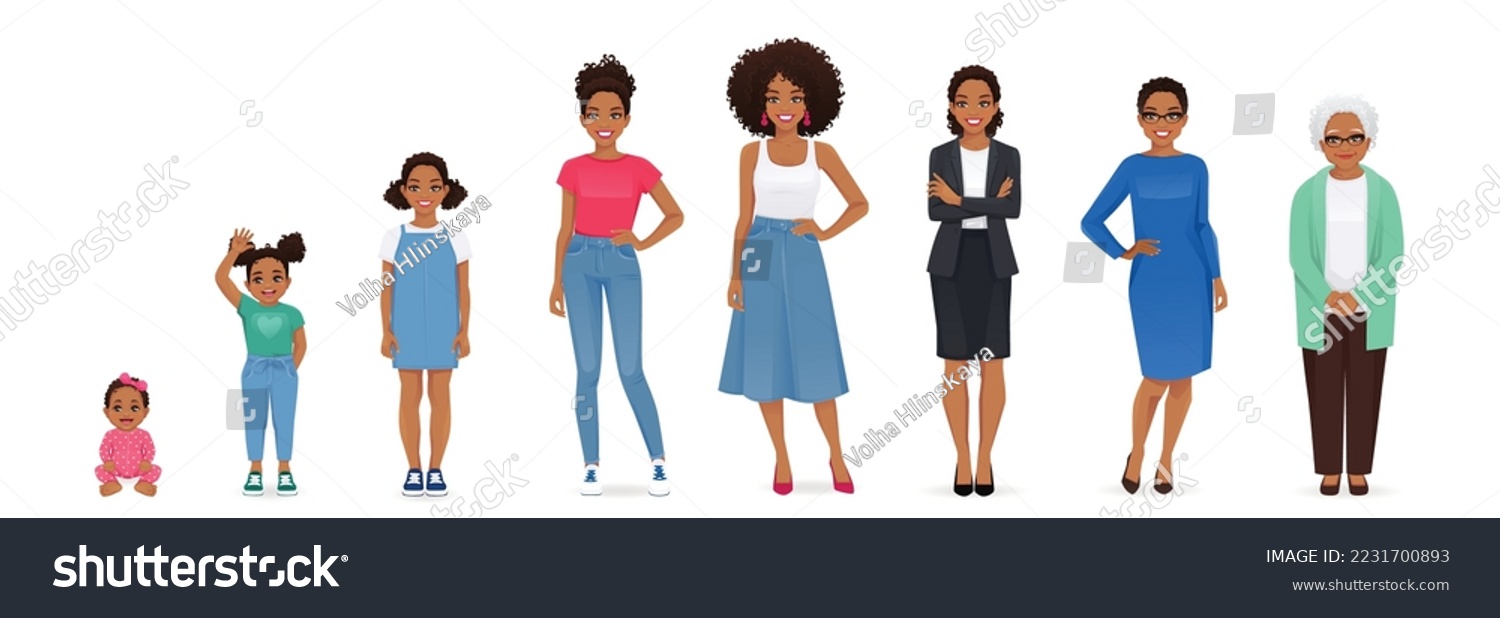 SVG of African woman of different life stages cartoon characters. Baby, child, teenager, adult, mature and old persons vector illustration isolated svg