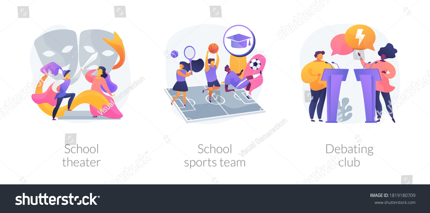SVG of After-school activity abstract concept vector illustration set. School theater, sports team, debating club, kids drama class, speaking class, communication skill, workshop abstract metaphor. svg