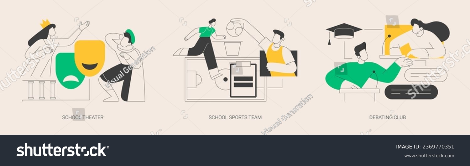 SVG of After-school activity abstract concept vector illustration set. School theater, sports team, debating club, kids drama class, speaking class, communication skill, workshop abstract metaphor. svg