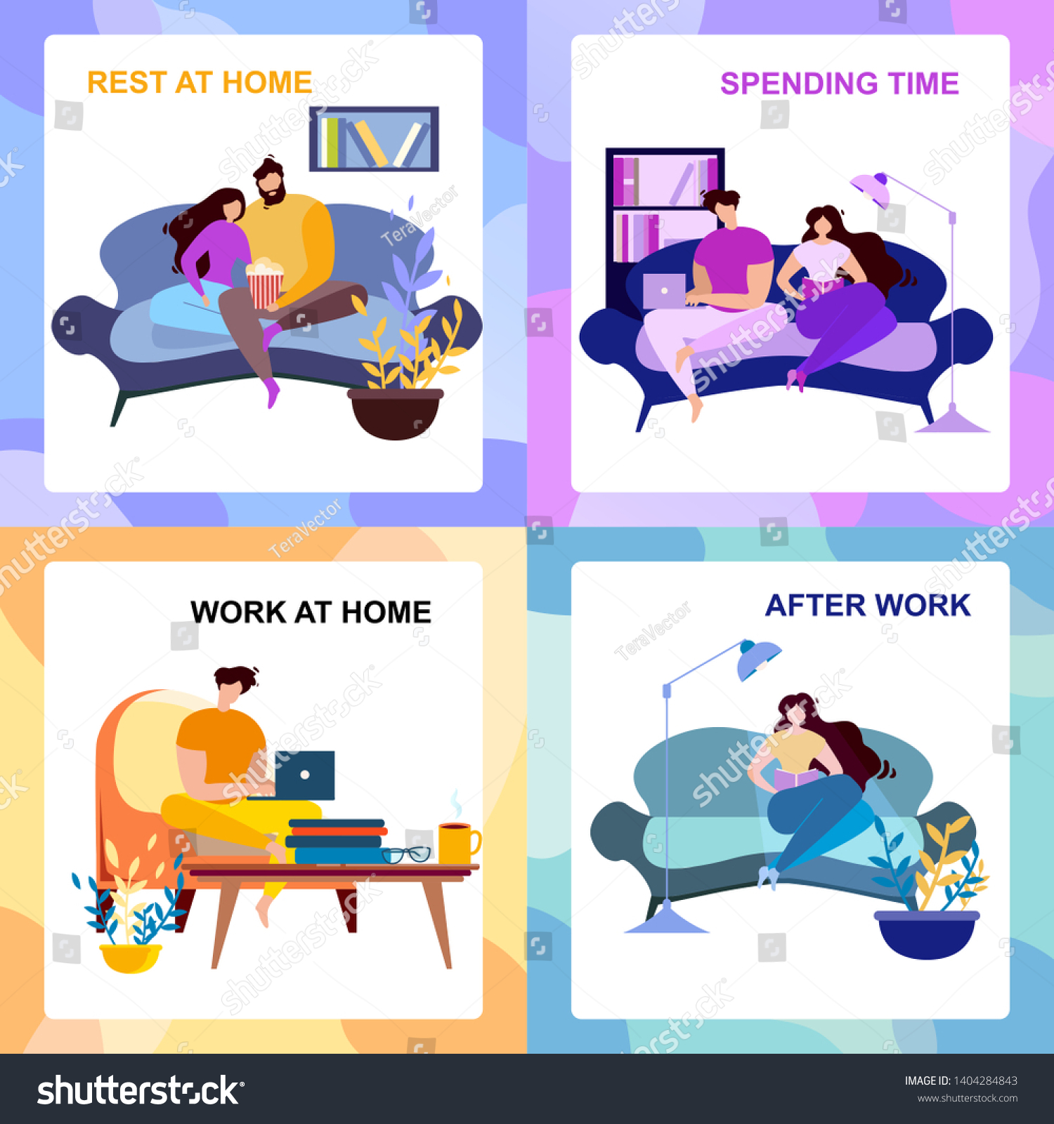 SVG of After Work, Rest at Home, Spending Time Banner Set. Cartoon People Indoors Rest and Read. Computer Freelance Work Vector Illustration. Couple Watch TV, Romantic Evening Family Entertainment svg