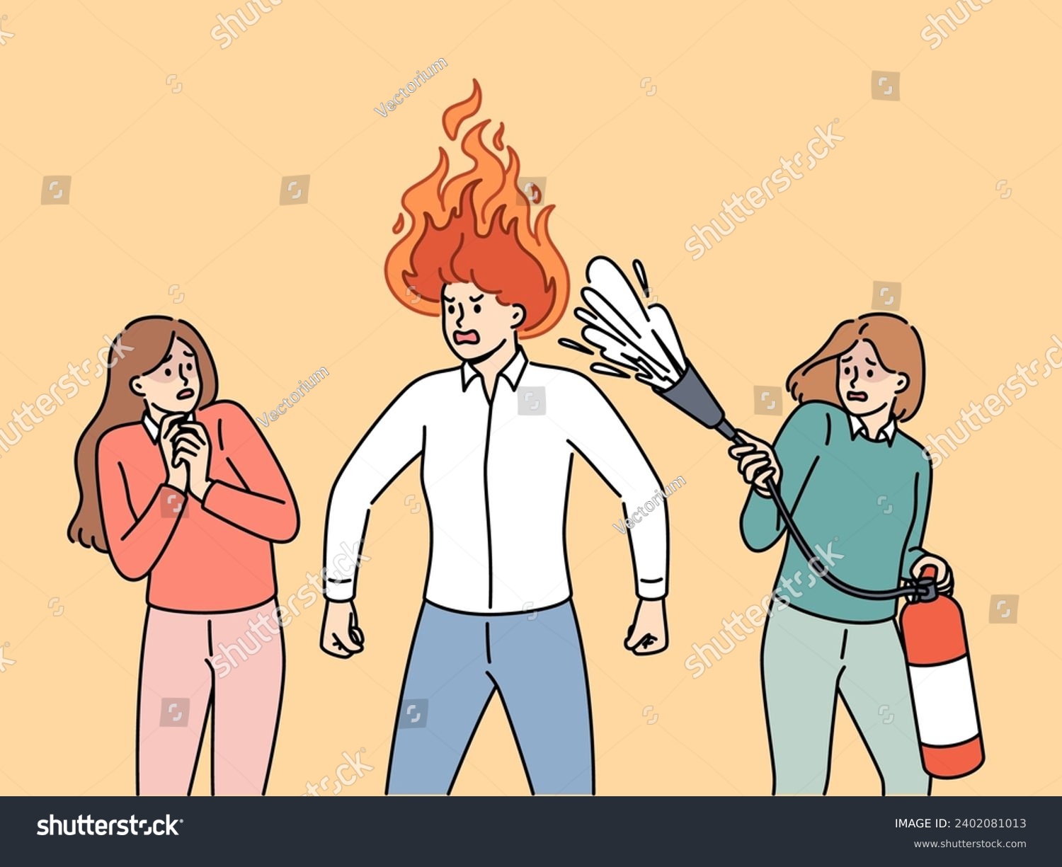 SVG of Aggressive man with flame on head stands near frightened colleagues with fire extinguisher. Aggressive manager needs training in self-control, for concept of inappropriate boss behavior svg