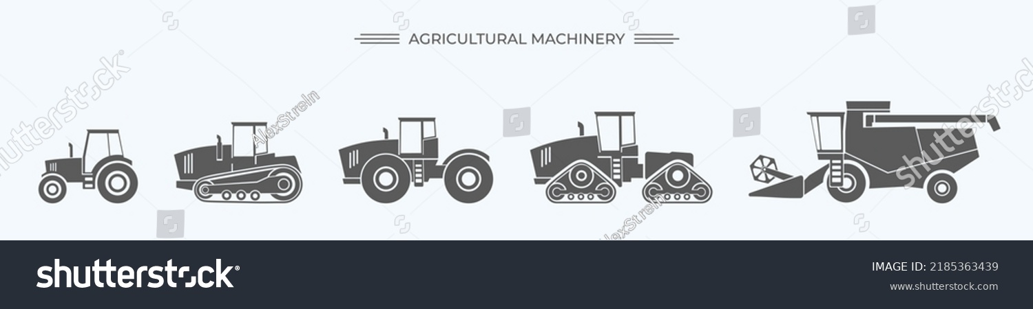 SVG of Agriculture and agricultural machinery vehicles flat SVG icons collection set. Harvester, tractor. Agronomy. Farm. Vehicle for field farming work and land  processing. Isolated vector illustration svg